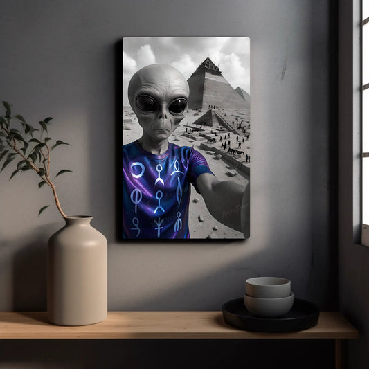 Alien Selfie ET Desert Landscape Pyramid Egypt HD Metal Wall Art – Poster 12x18