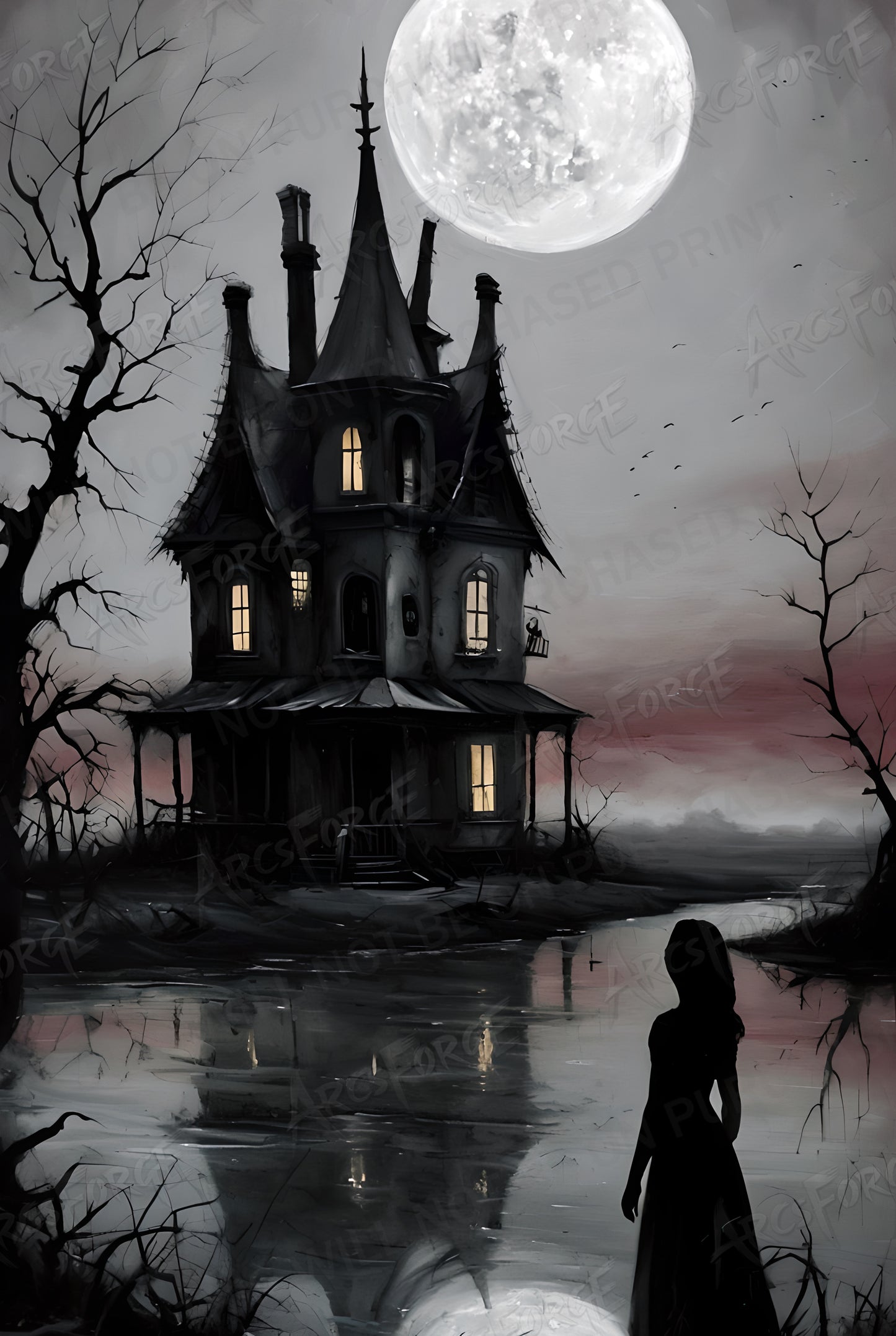 Goth Serpent & Stone House Moon HD Metal Wall Art – Dark Fantasy Poster 12x18