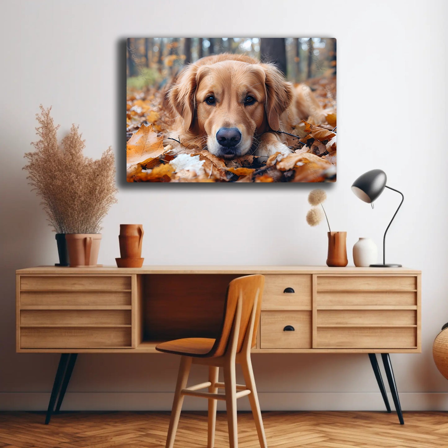 Golden Retriever in Autumn Leaves