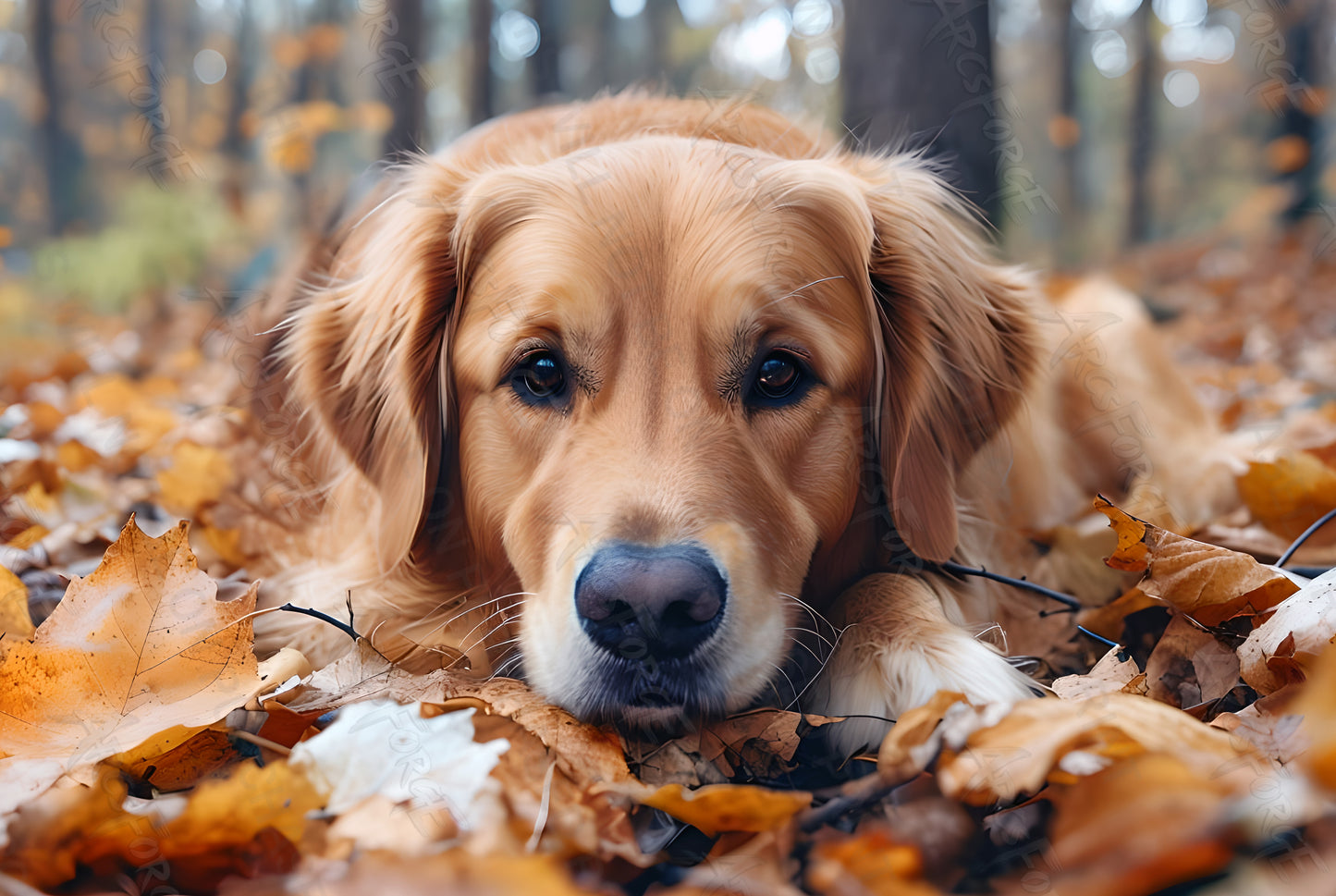 Golden Retriever in Autumn Leaves