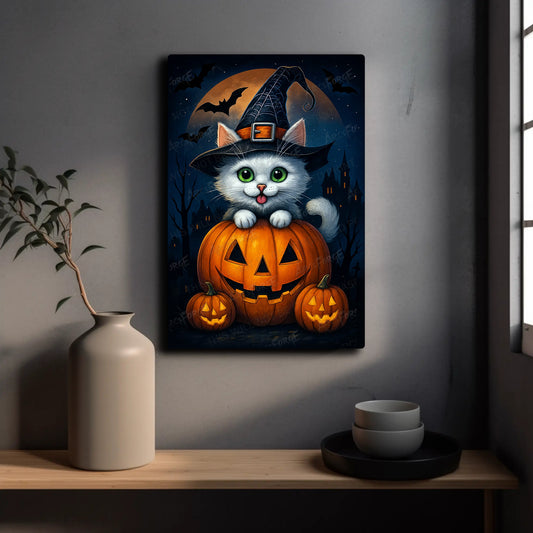 Halloween Night Fall Theme Cat Kitty Pumpkin Spook HD Metal Print Wall Art 12x18