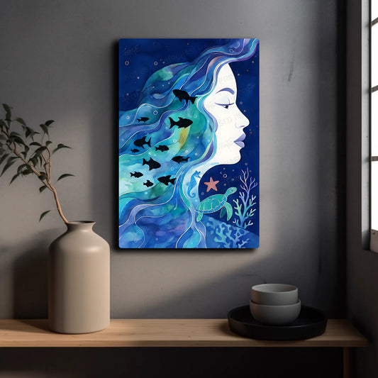 Mermaid Watercolor Underwater Girl Ocean Animals Fish Turtle HD Metal Print Wall