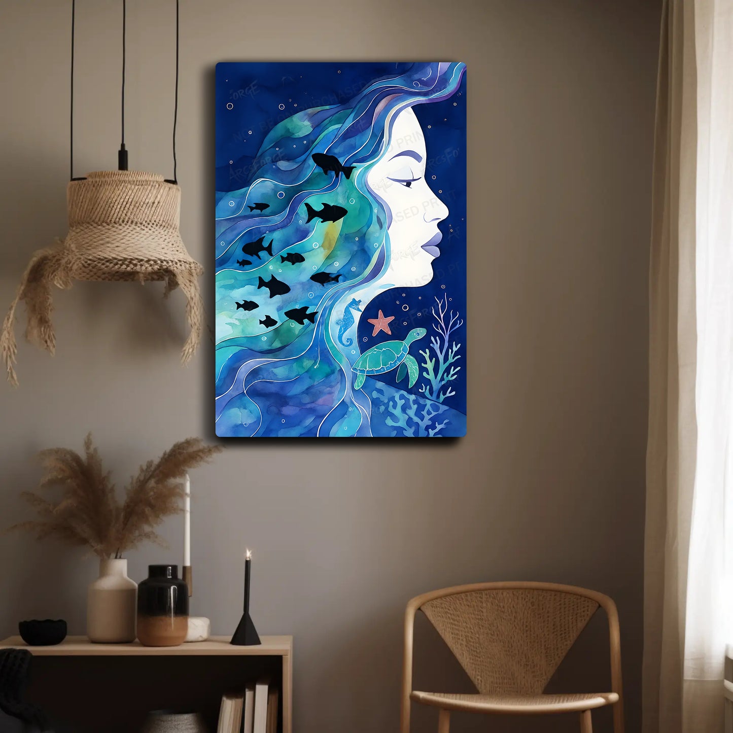Mermaid Watercolor Underwater Girl Ocean Animals Fish Turtle HD Metal Print Wall