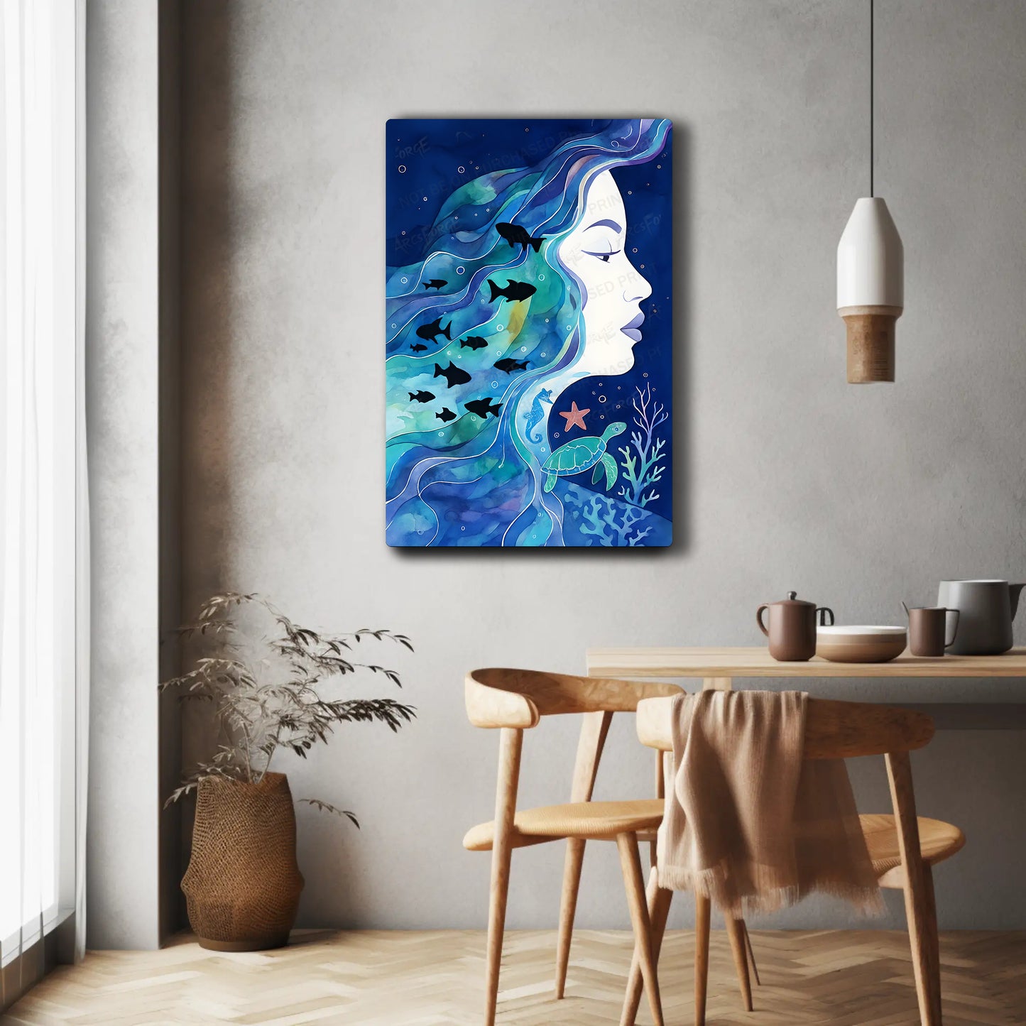 Mermaid Watercolor Underwater Girl Ocean Animals Fish Turtle HD Metal Print Wall