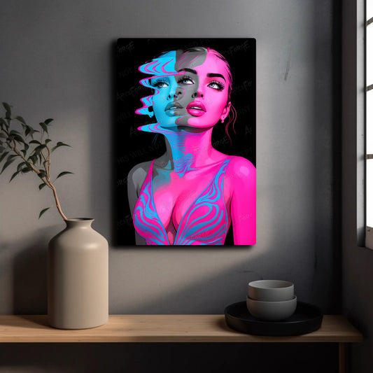 Neon Color Pop Art Woman HD Metal Wall Art – Distorted Portrait Poster 12x18