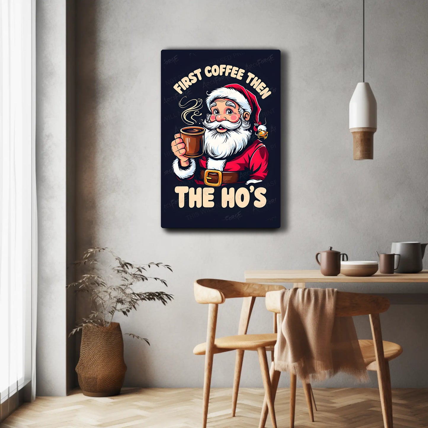 Santa Claus Cartoon HD Metal Wall Art – Funny “First Coffee Then Ho’s” Poster 12x18