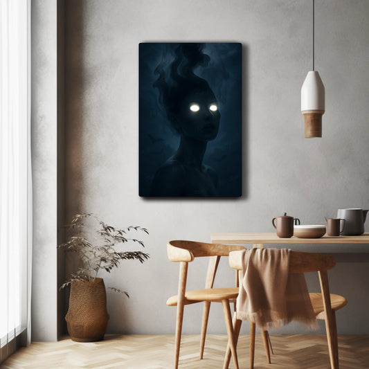 Shadowy Figure with Glowing Eyes HD Metal Print – Eerie Wall Art Poster 12x18