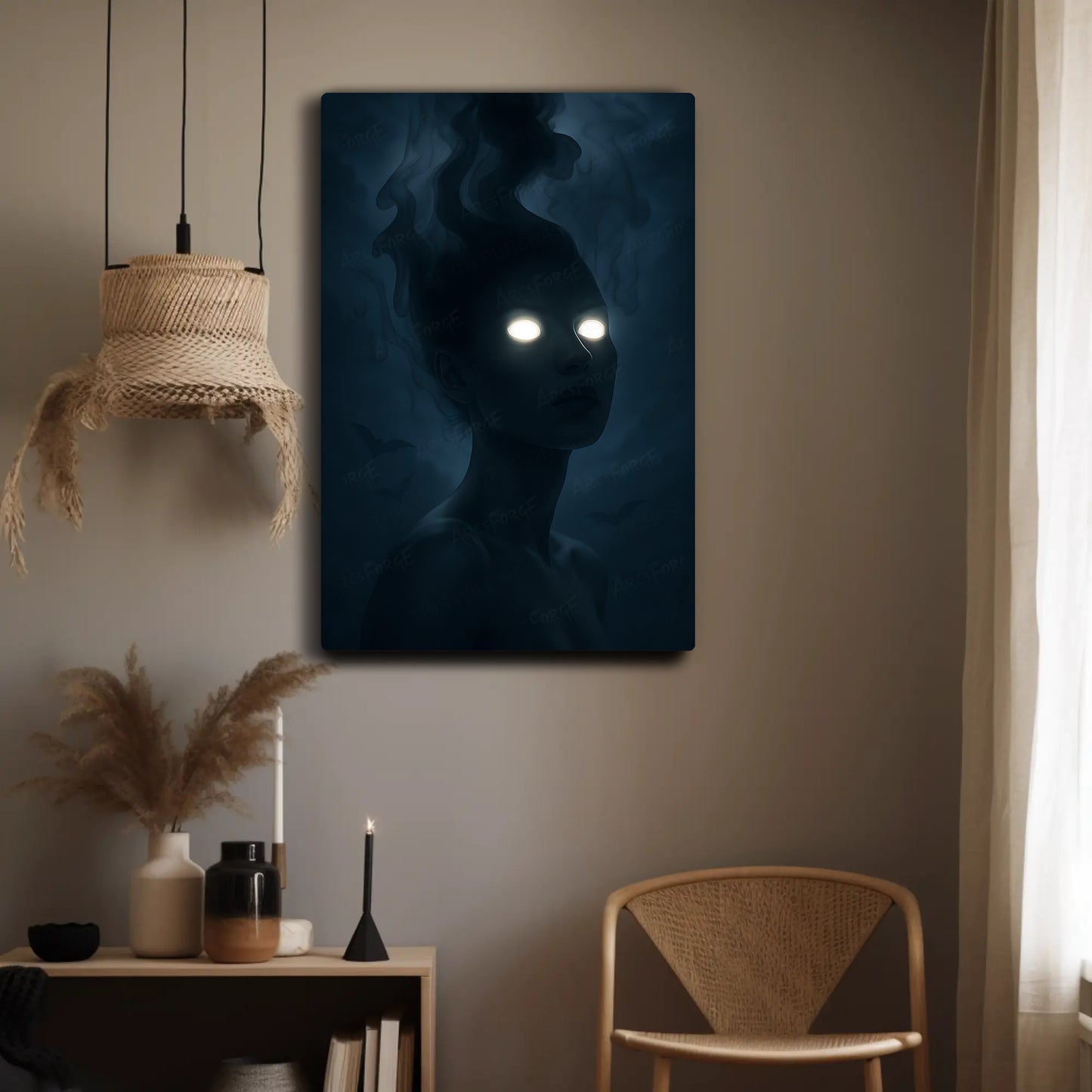Shadowy Figure with Glowing Eyes HD Metal Print – Eerie Wall Art Poster 12x18