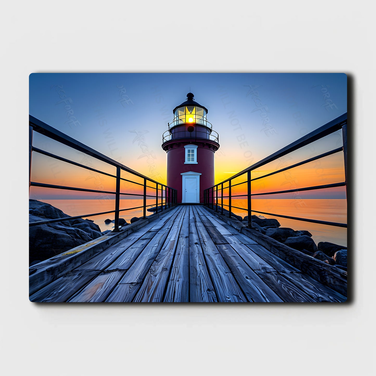Wooden Walkway to Red Lighthouse Sunset