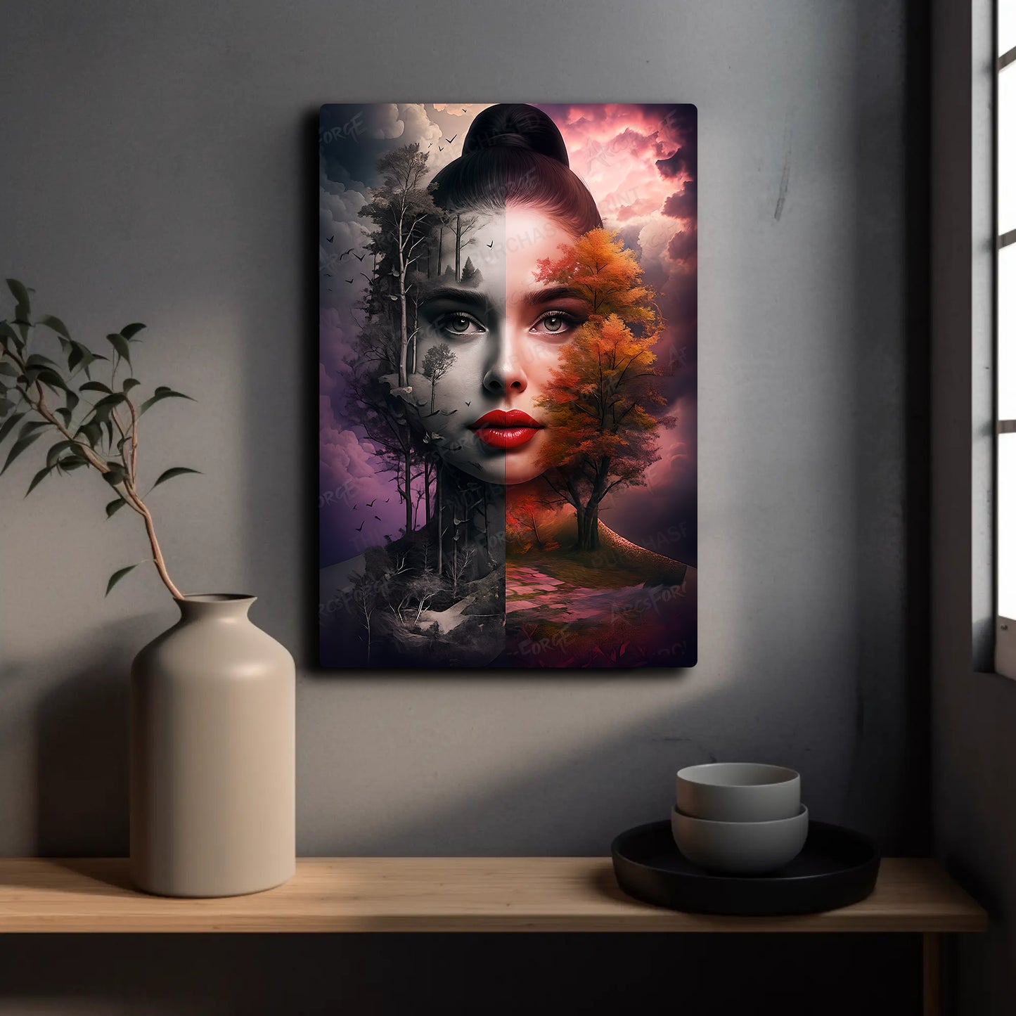 Tree Face Woman Portrait with Nature Elements HD Metal Wall Art – Poster 12x18