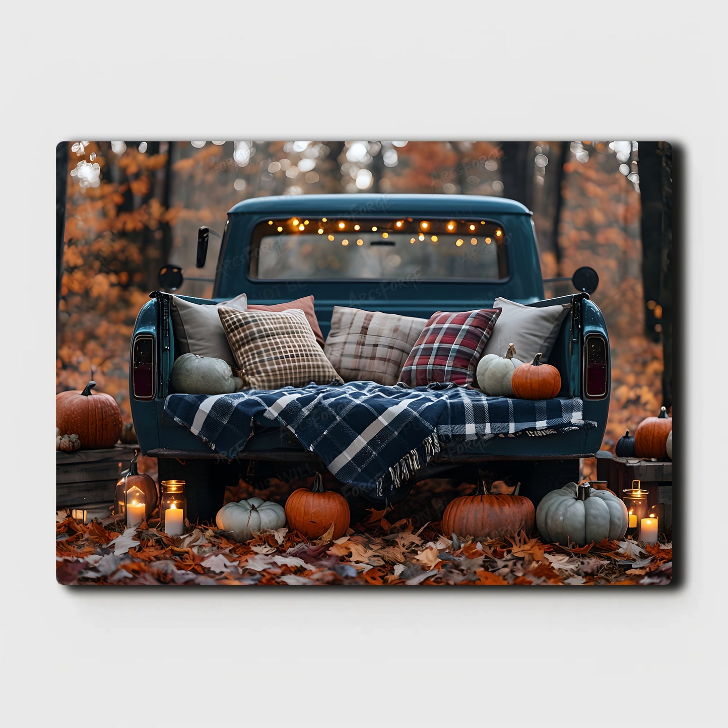 Vintage Teal Pickup Truck in Cozy Autumn Forest HD Metal Print Wall Art 18x12