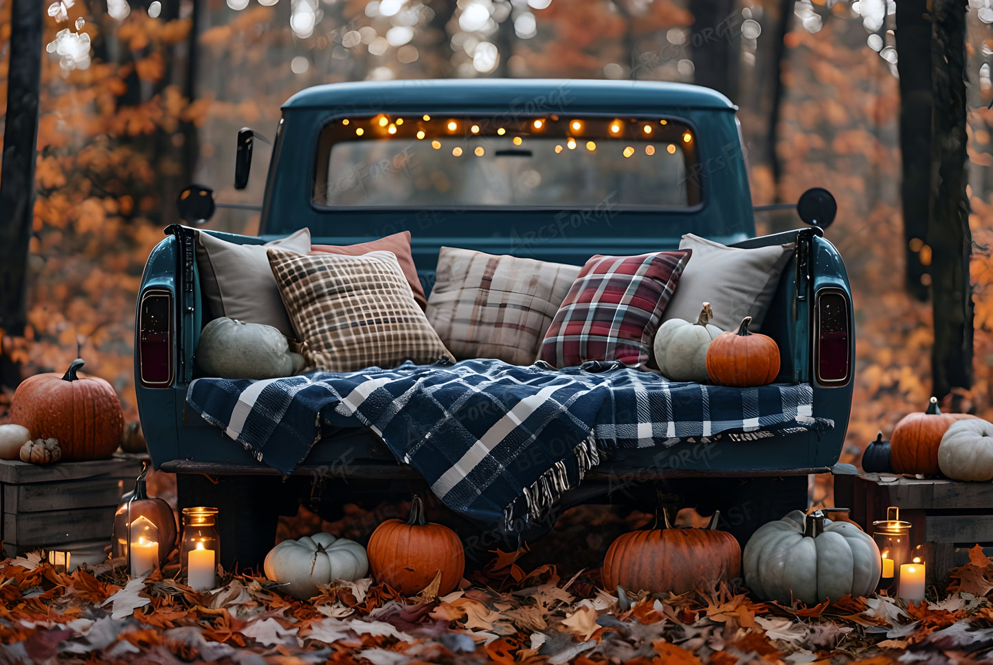 Vintage Teal Pickup Truck in Cozy Autumn Forest HD Metal Print Wall Art 18x12