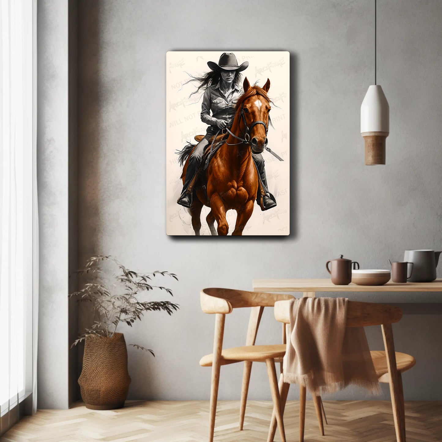 Western Cowboy on Horse HD Metal Wall Art – Black & White Illustration Poster 12x18