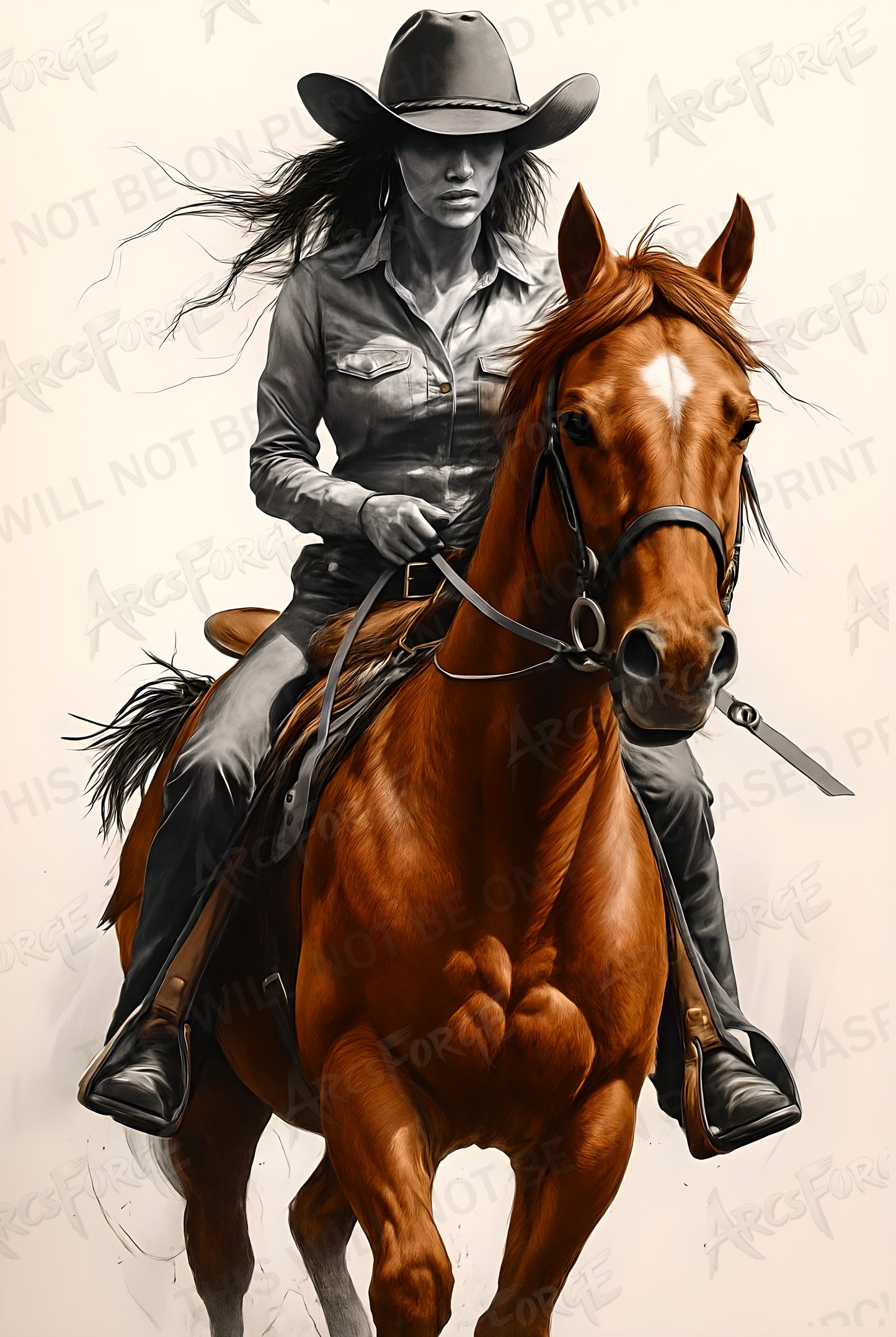 Western Cowboy on Horse HD Metal Wall Art – Black & White Illustration Poster 12x18