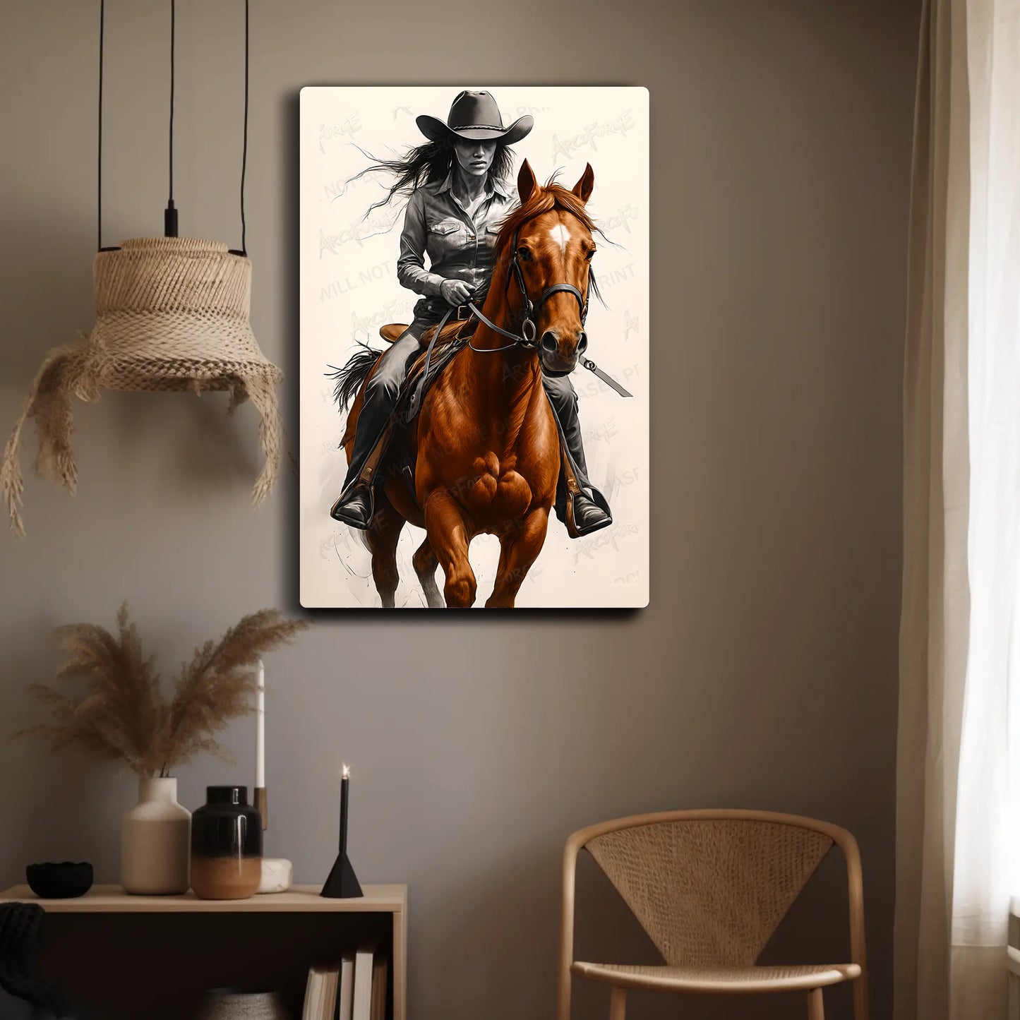 Western Cowboy on Horse HD Metal Wall Art – Black & White Illustration Poster 12x18