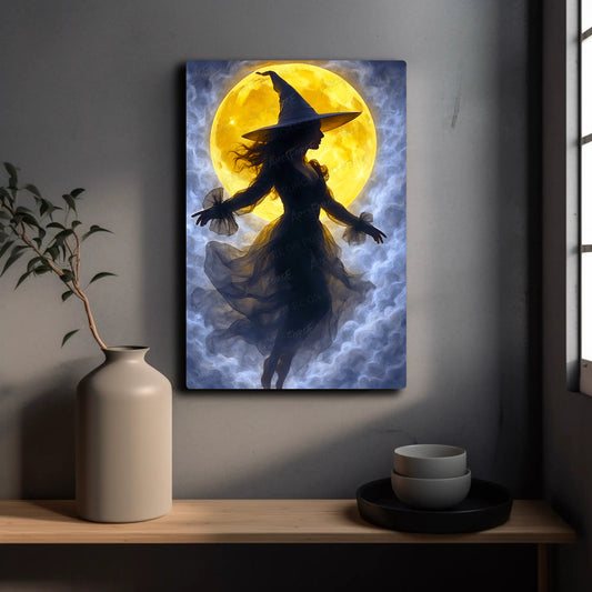 Witch Silhouette Full Moon HD Metal Wall Art – Mystical Halloween Poster 12x18