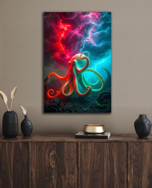 Neon Abstract Octopus HD Metal Wall Art – 12x18 Fantasy Ocean Print