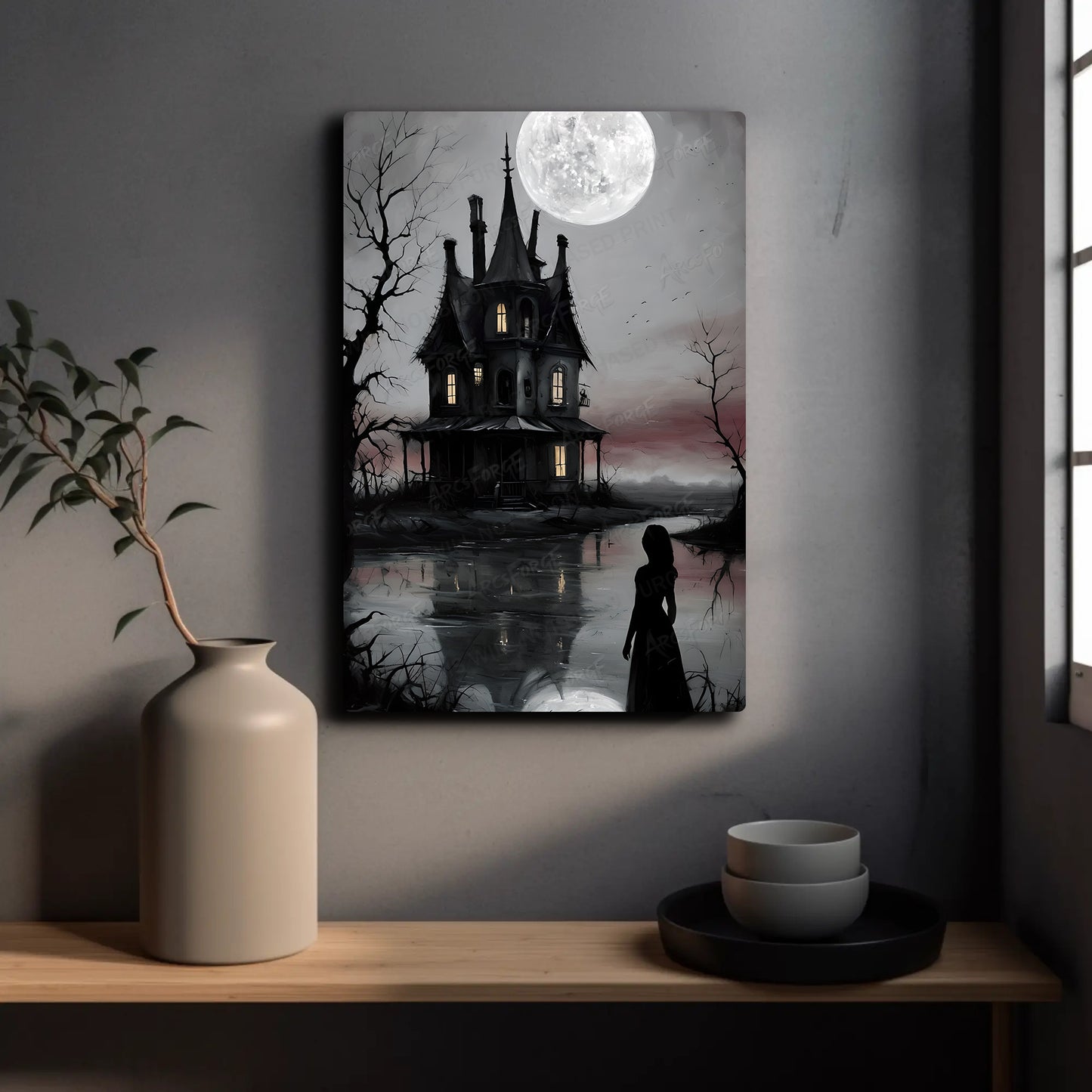 Goth Serpent & Stone House Moon HD Metal Wall Art – Dark Fantasy Poster 12x18