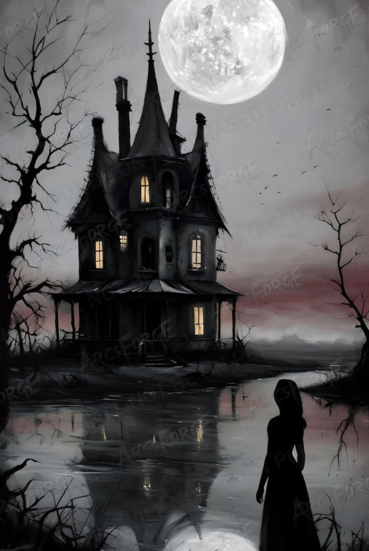 Goth Serpent & Stone House Moon HD Metal Wall Art – Dark Fantasy Poster 12x18