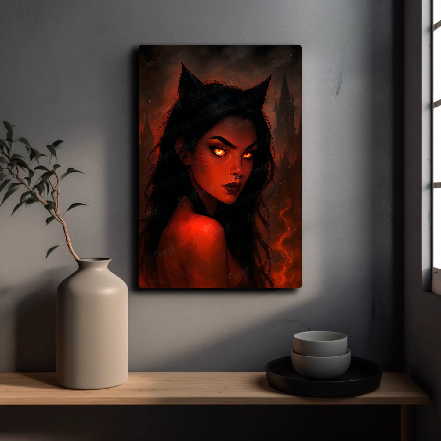 Gothic Girl Devil Cat in Flames HD Metal Wall Art – Dark Fantasy Poster 12x18