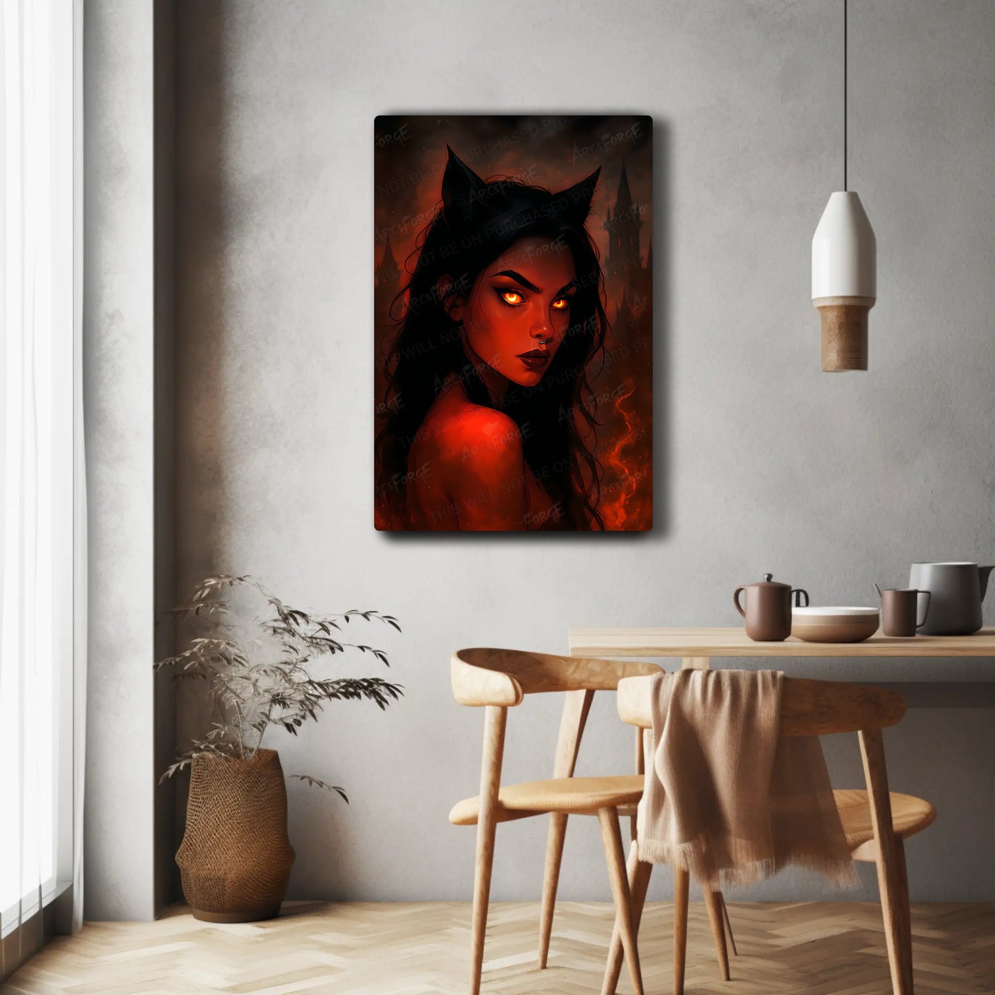 Gothic Girl Devil Cat in Flames HD Metal Wall Art – Dark Fantasy Poster 12x18