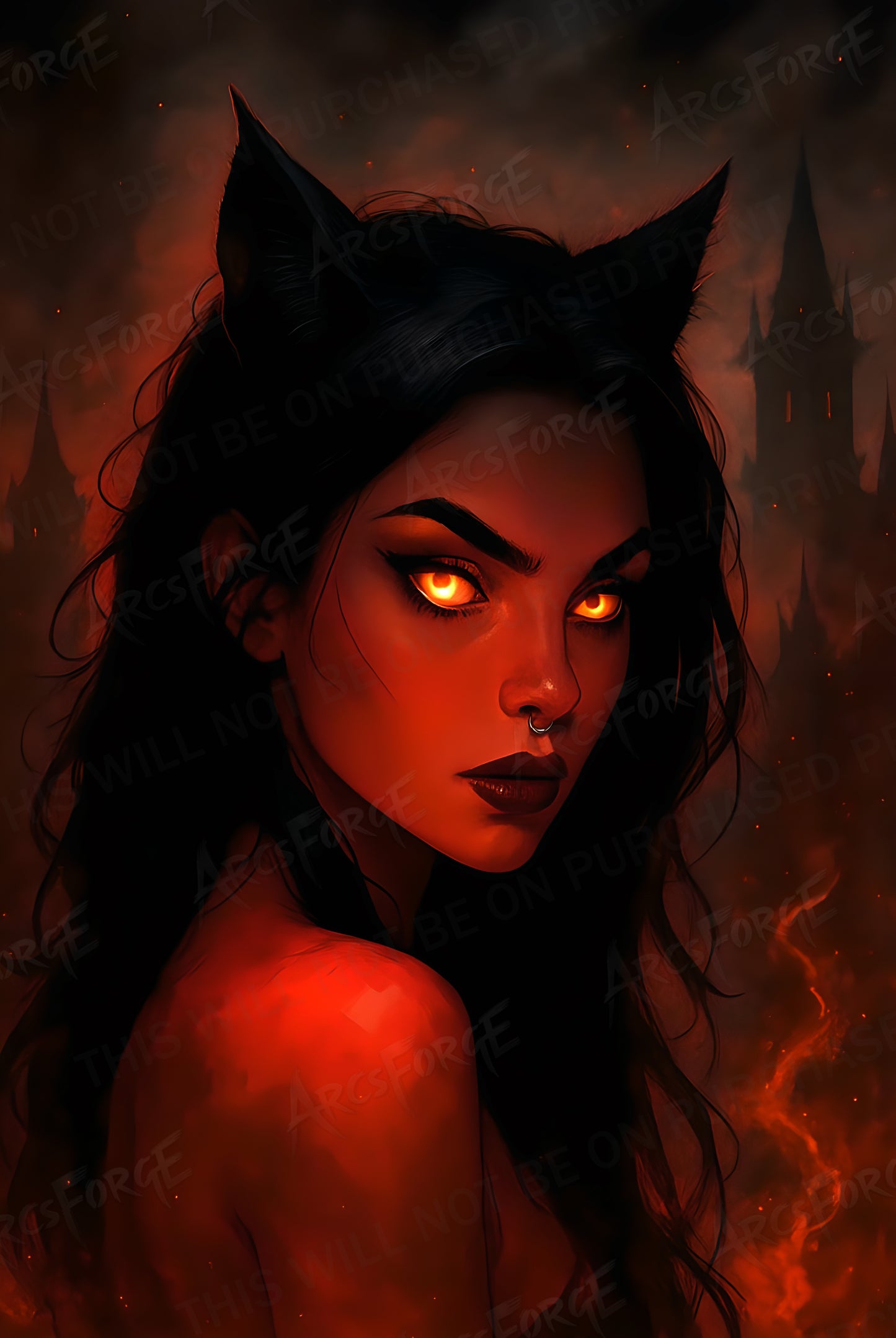 Gothic Girl Devil Cat in Flames HD Metal Wall Art – Dark Fantasy Poster 12x18