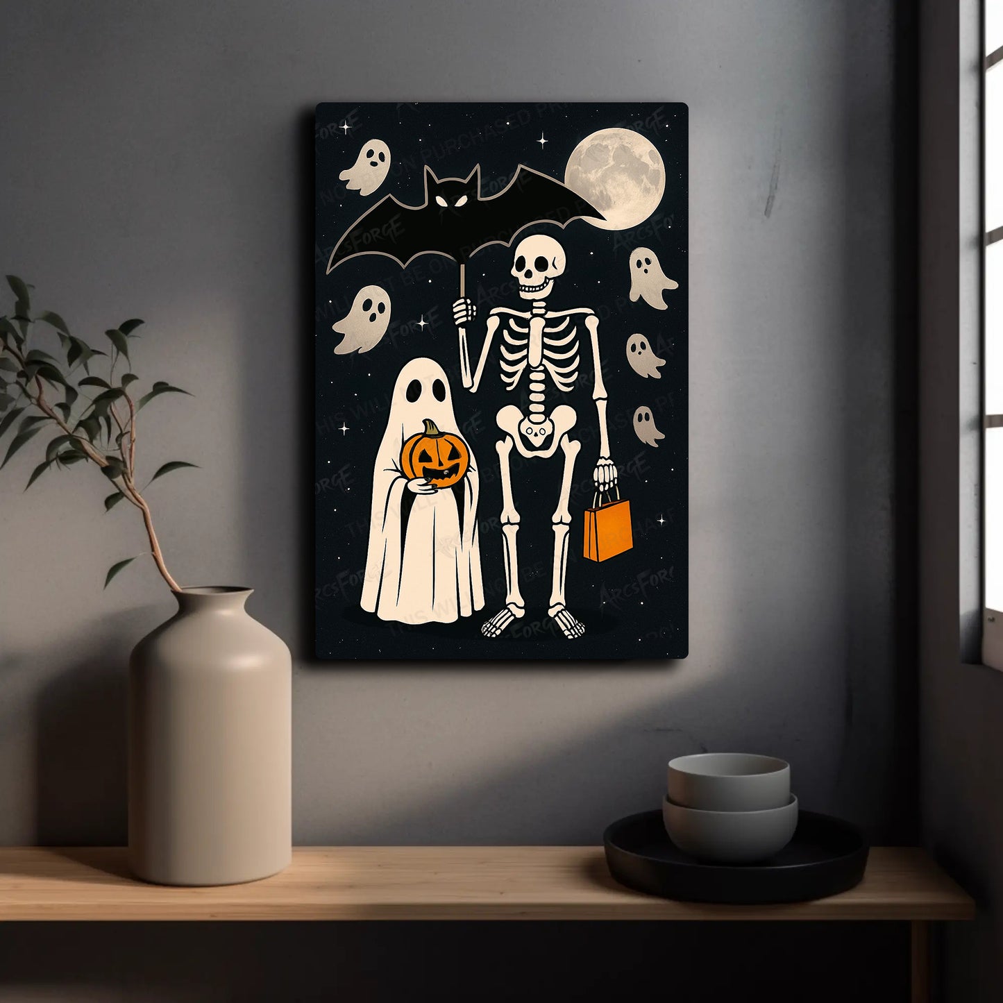 Halloween Cartoon Skeletons Ghost Bat Pumpkin HD Metal Wall Art 12x18