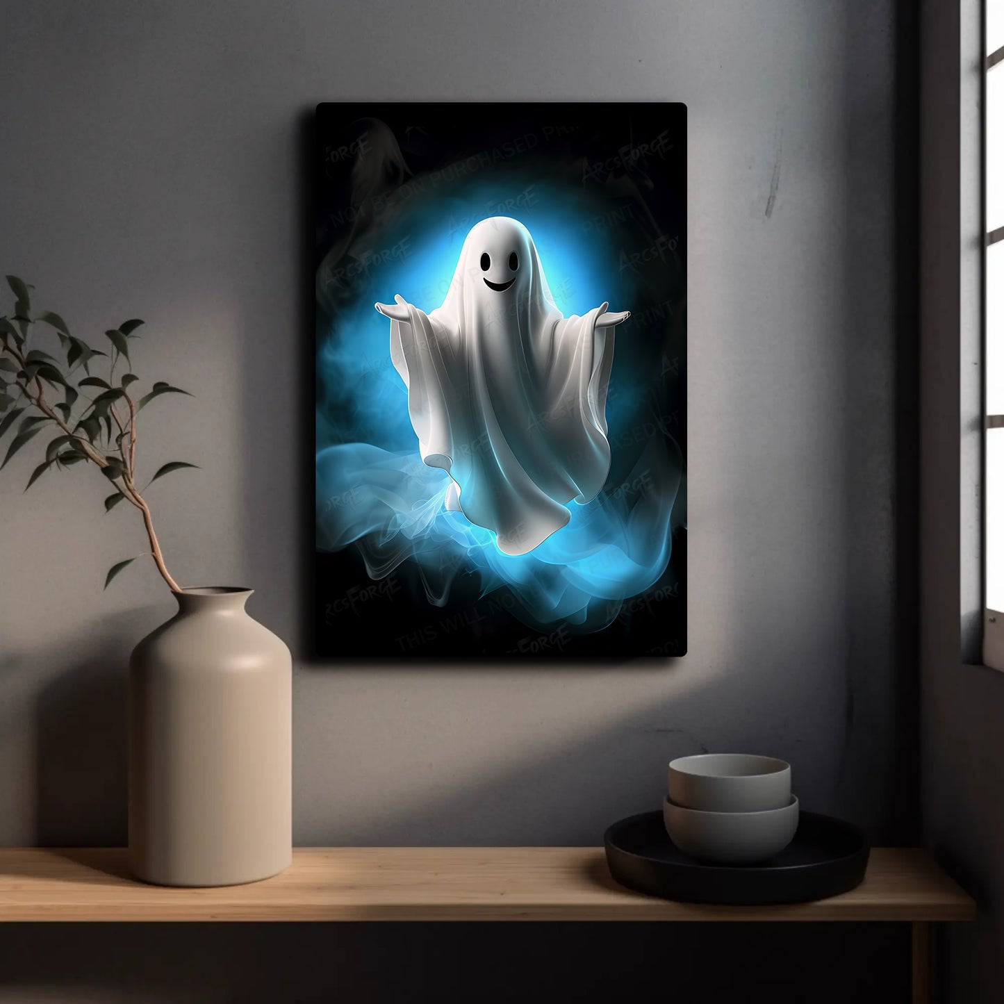 Halloween Ghost Metal Wall Art – Blue Glow Spooky Spirit HD Poster 12x18