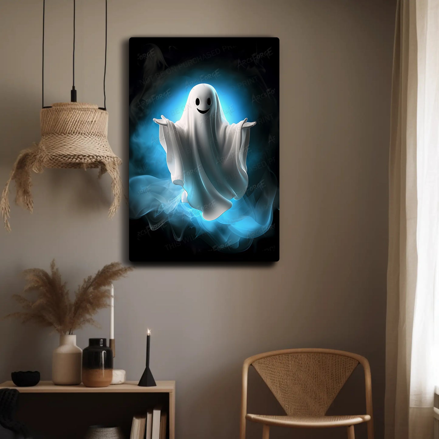 Halloween Ghost Metal Wall Art – Blue Glow Spooky Spirit HD Poster 12x18