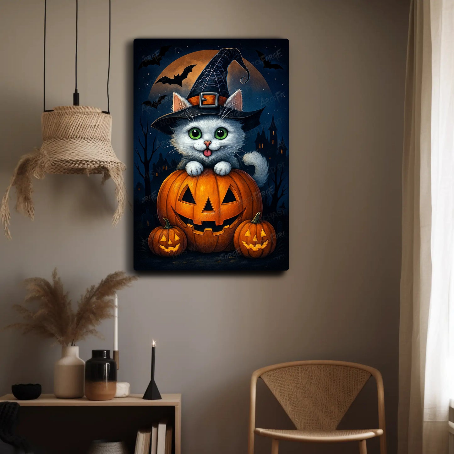 Halloween Night Fall Theme Cat Kitty Pumpkin Spook HD Metal Print Wall Art 12x18
