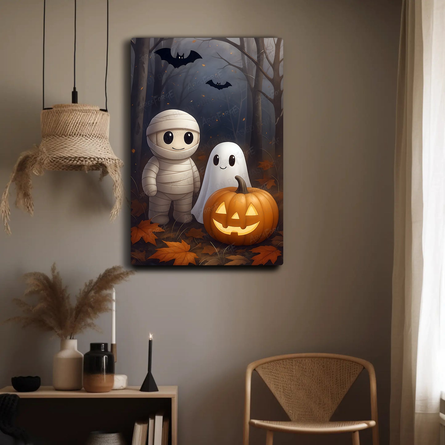 Halloween Night Forest Fall Theme HD Metal Wall Art – Bat & Ghost Poster 12x18