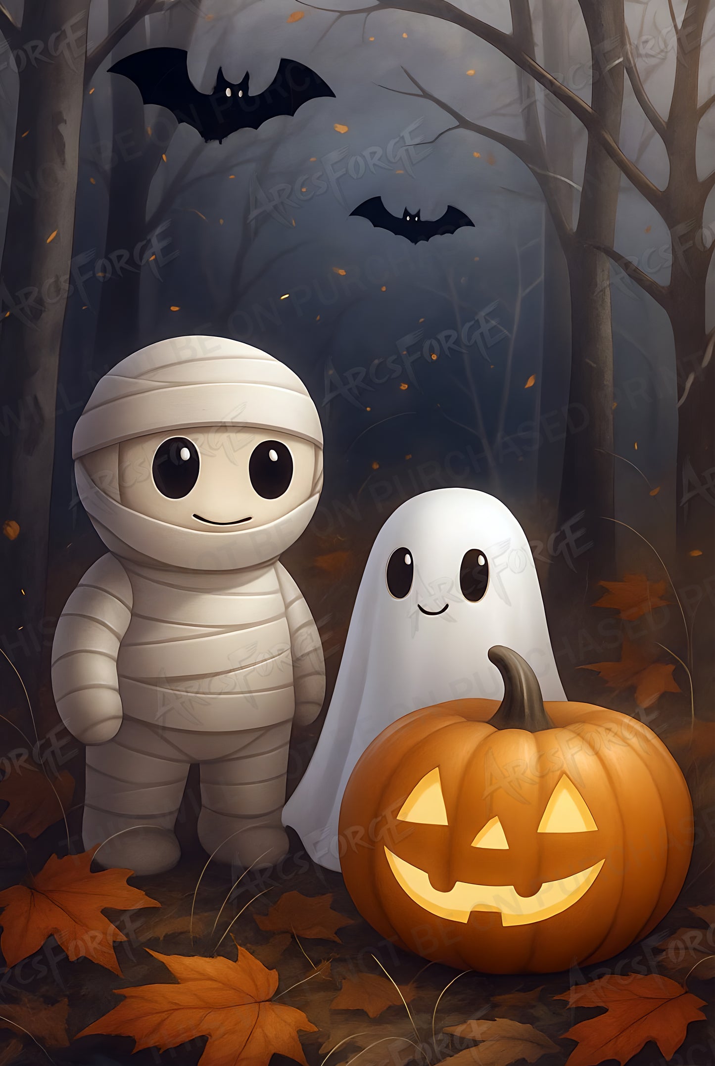 Halloween Night Forest Fall Theme HD Metal Wall Art – Bat & Ghost Poster 12x18