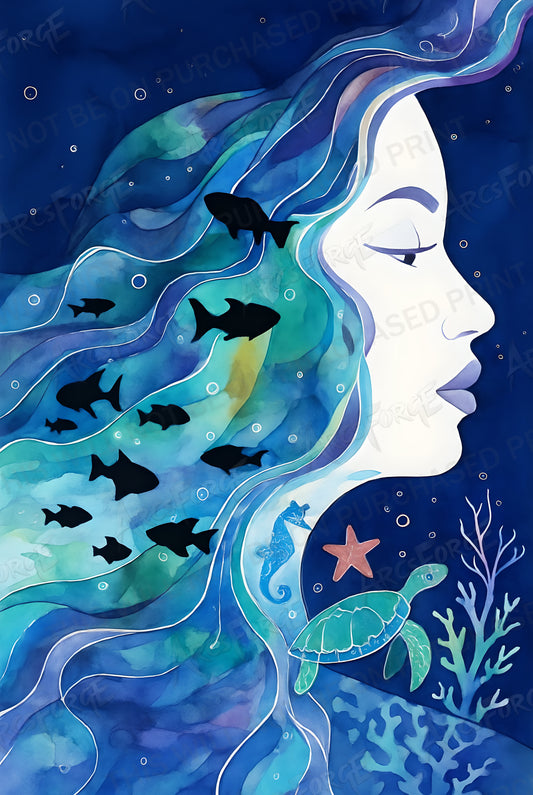 Mermaid Watercolor Underwater Girl Ocean Animals Fish Turtle HD Metal Print Wall