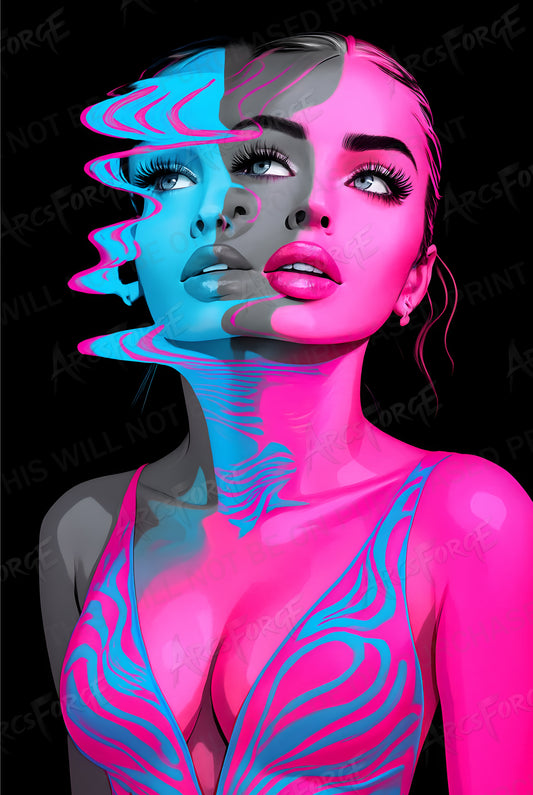Neon Color Pop Art Woman HD Metal Wall Art – Distorted Portrait Poster 12x18