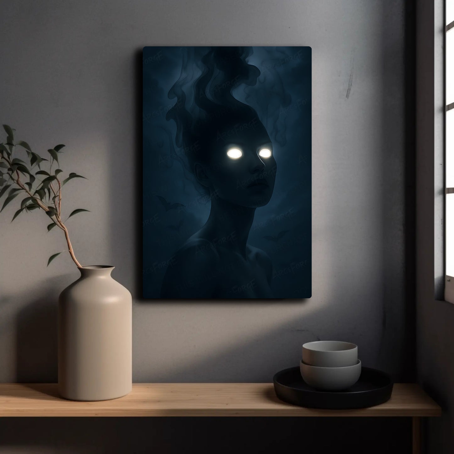 Shadowy Figure with Glowing Eyes HD Metal Print – Eerie Wall Art Poster 12x18