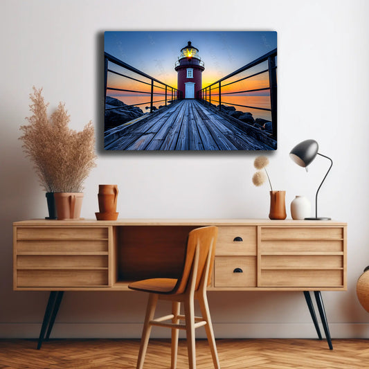 Wooden Walkway to Red Lighthouse Sunset