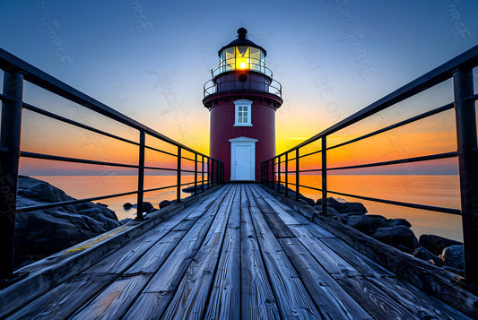 Wooden Walkway to Red Lighthouse Sunset