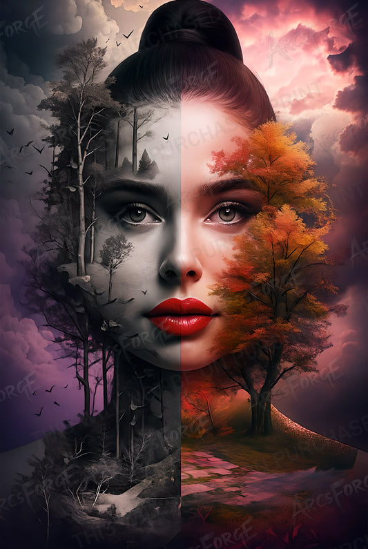 Tree Face Woman Portrait with Nature Elements HD Metal Wall Art – Poster 12x18