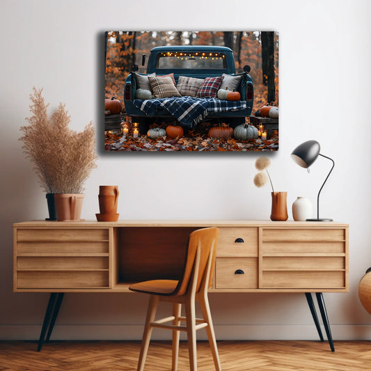 Vintage Teal Pickup Truck in Cozy Autumn Forest HD Metal Print Wall Art 18x12