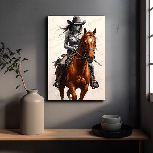 Western Cowboy on Horse HD Metal Wall Art – Black & White Illustration Poster 12x18