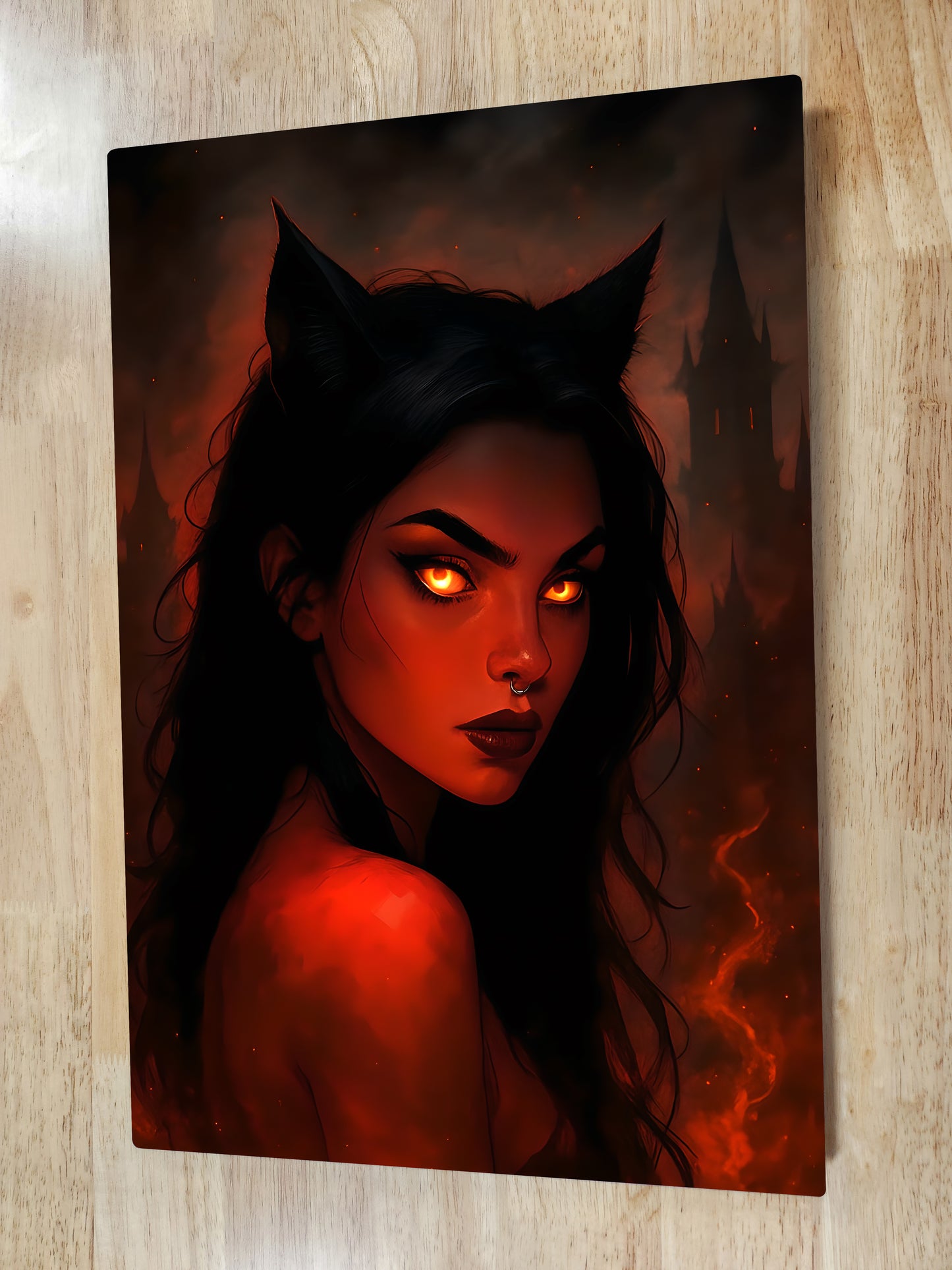 Gothic Girl Devil Cat in Flames HD Metal Wall Art – Dark Fantasy Poster 12x18