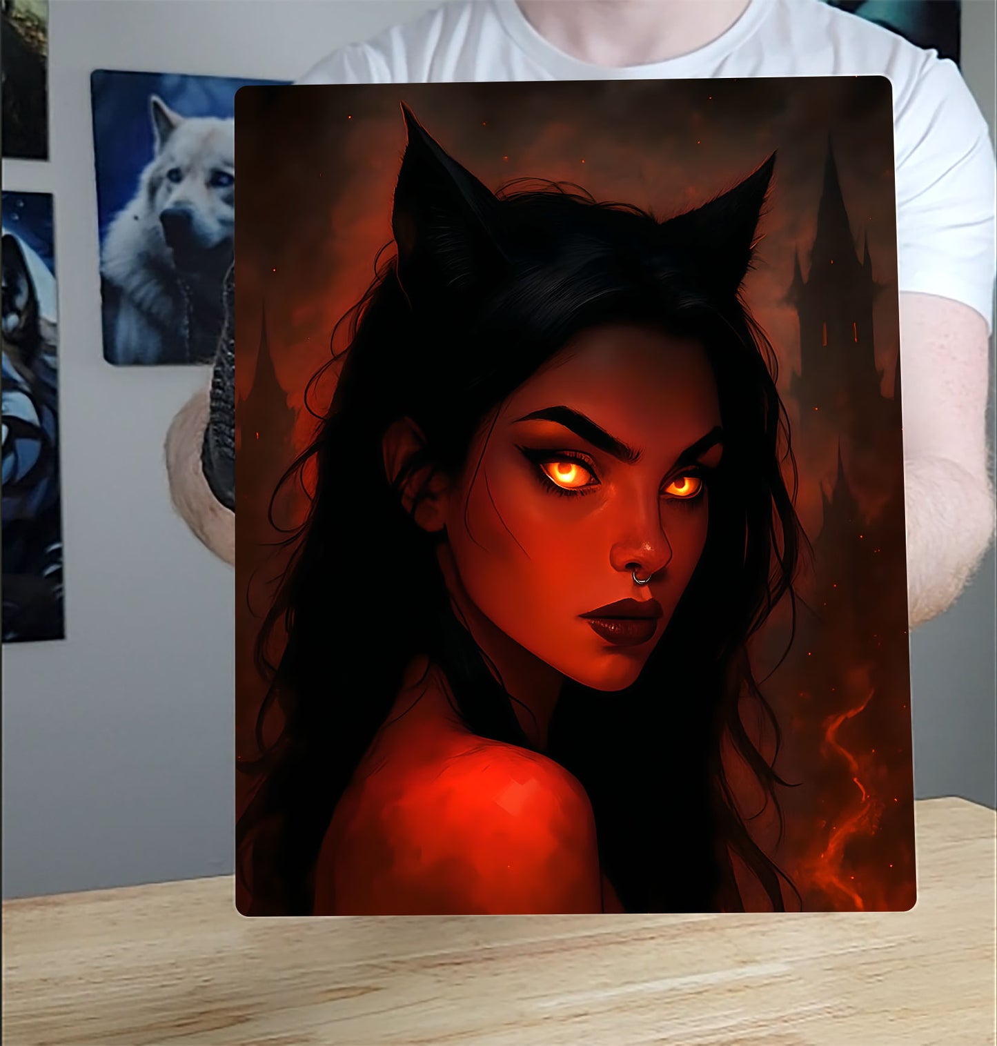 Gothic Girl Devil Cat in Flames HD Metal Wall Art – Dark Fantasy Poster 12x18