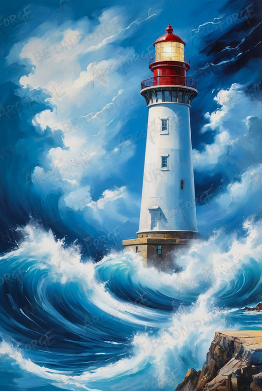 Stand Strong in the Storm – Lighthouse in the Ocean Metal Print