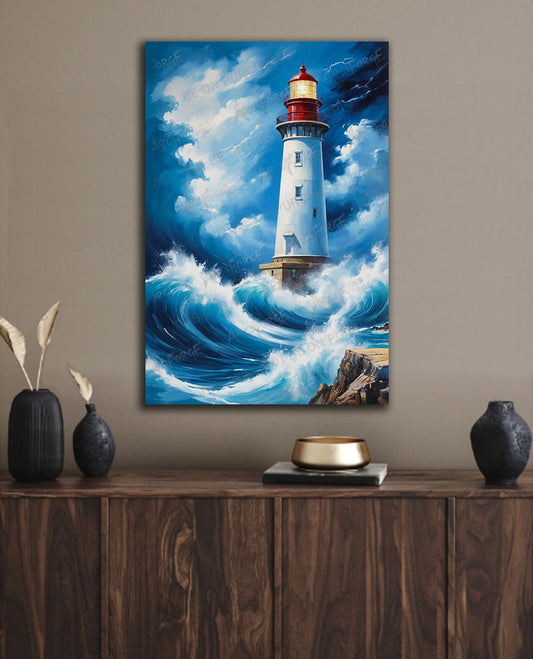 Stand Strong in the Storm – Lighthouse in the Ocean Metal Print