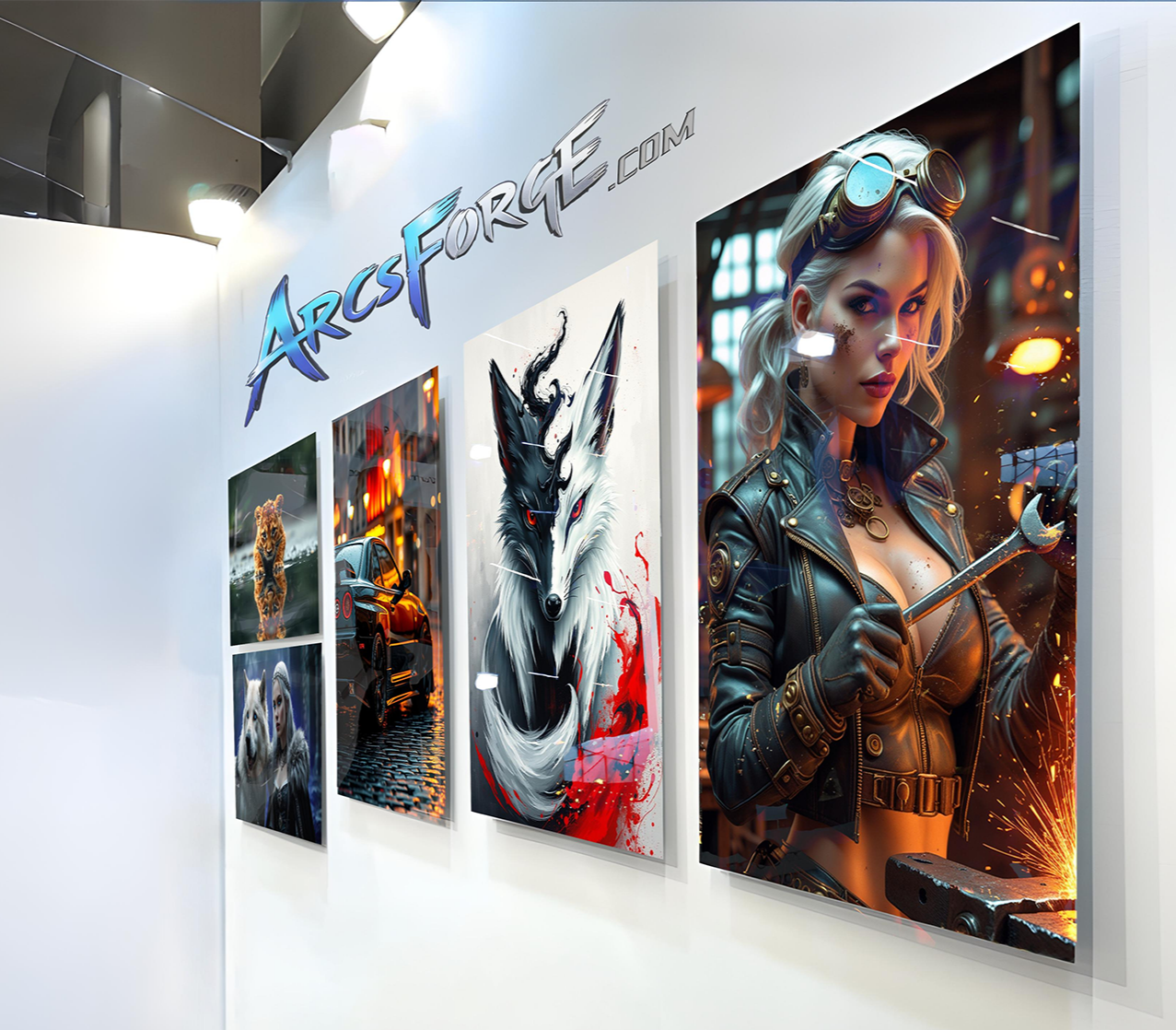 Artistic posters on a wall with 'ArcsForce.com' branding