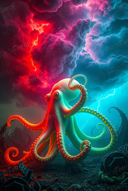 Neon Abstract Octopus HD Metal Wall Art – 12x18 Fantasy Ocean Print